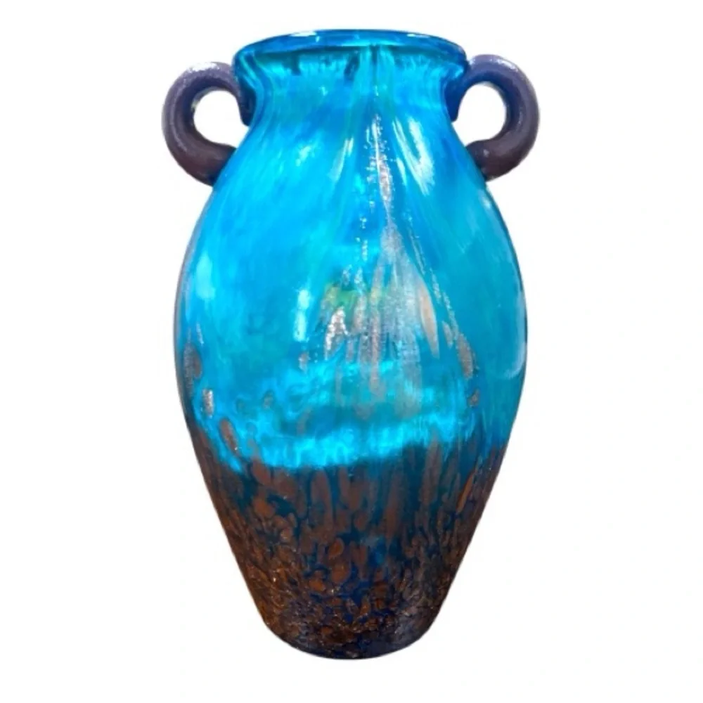 Dale Tiffany Favrile Art Glass Amphora Teal Blue Vase Gold Copper Aventurine 8